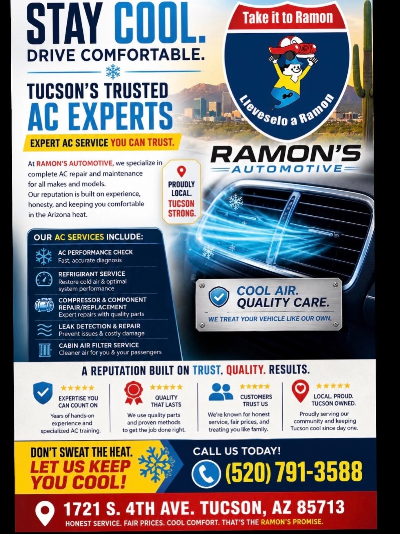 A/C not feeling cold enough or cold at all?
Stop by Ramon&rsquo;s automotive for all your air conditioning needs! We are at 1721 S.
4th Ave or give us a call at (520)
791-3588!