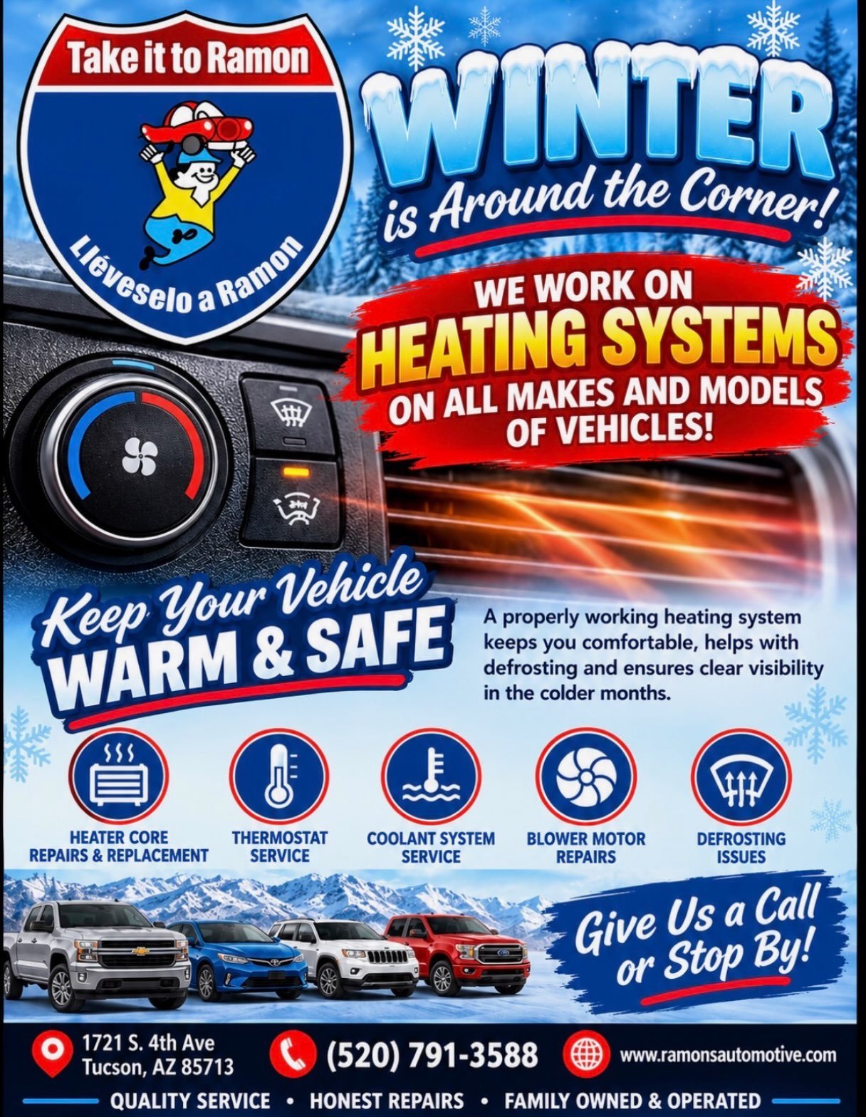 Don&rsquo;t wait til&rsquo; it&rsquo;s too late, get your vehicle winter ready here at Ramon&rsquo;s Automotive. Anything from heater not working, radiators, thermostats, or just a coolant fluid replacement we got you! Give us a call at (520) 791-358