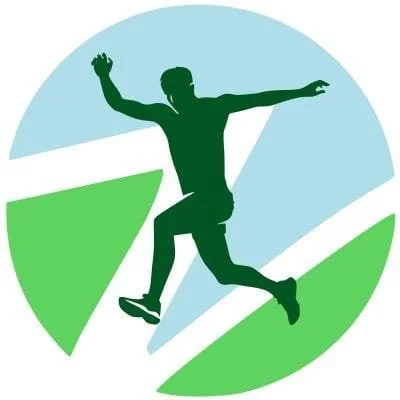 Silhouette of a person jumping in the air with arms and legs extended, set against a blue and green circular background.