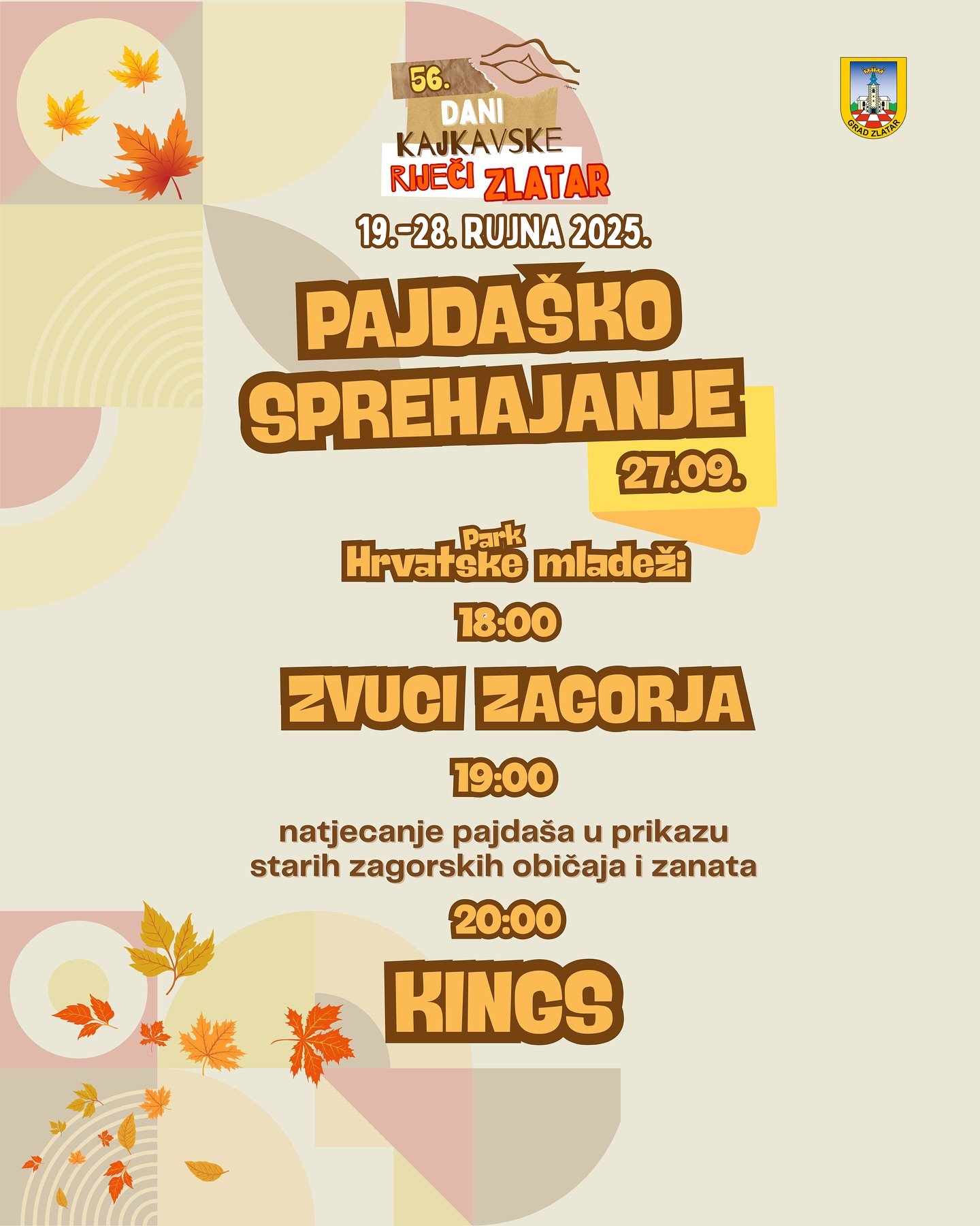Danas je dan tradicije i dobre zabave! 🍂🎶 🎉

📍 Park hrvatske mladeži, Zlatar

🕕 18:00 &ndash; Zvuci Zagorja 🎼 &ndash; večer ispunjena zagorskom muzikom i toplinom domaćeg duha
🕖 19:00 &ndash; Pajda&scaron;ko sprehajanje 👒 &ndash; natjecanje p