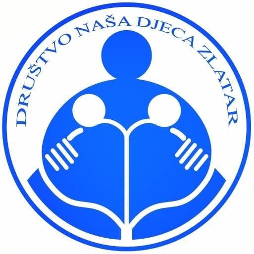 Logo with a blue circle, featuring a stylized human figure and two children holding hands, with the text 'DRUŠTVO NAŠA DJECA ZLATAR' around the circle.
