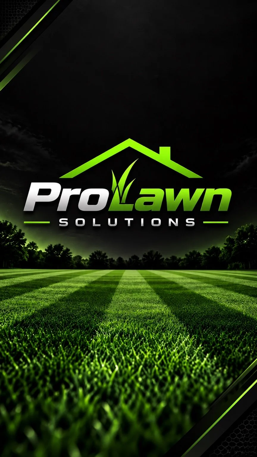 ProLawn Solutions lime-green roof and grass-blade logo above a striped lawn