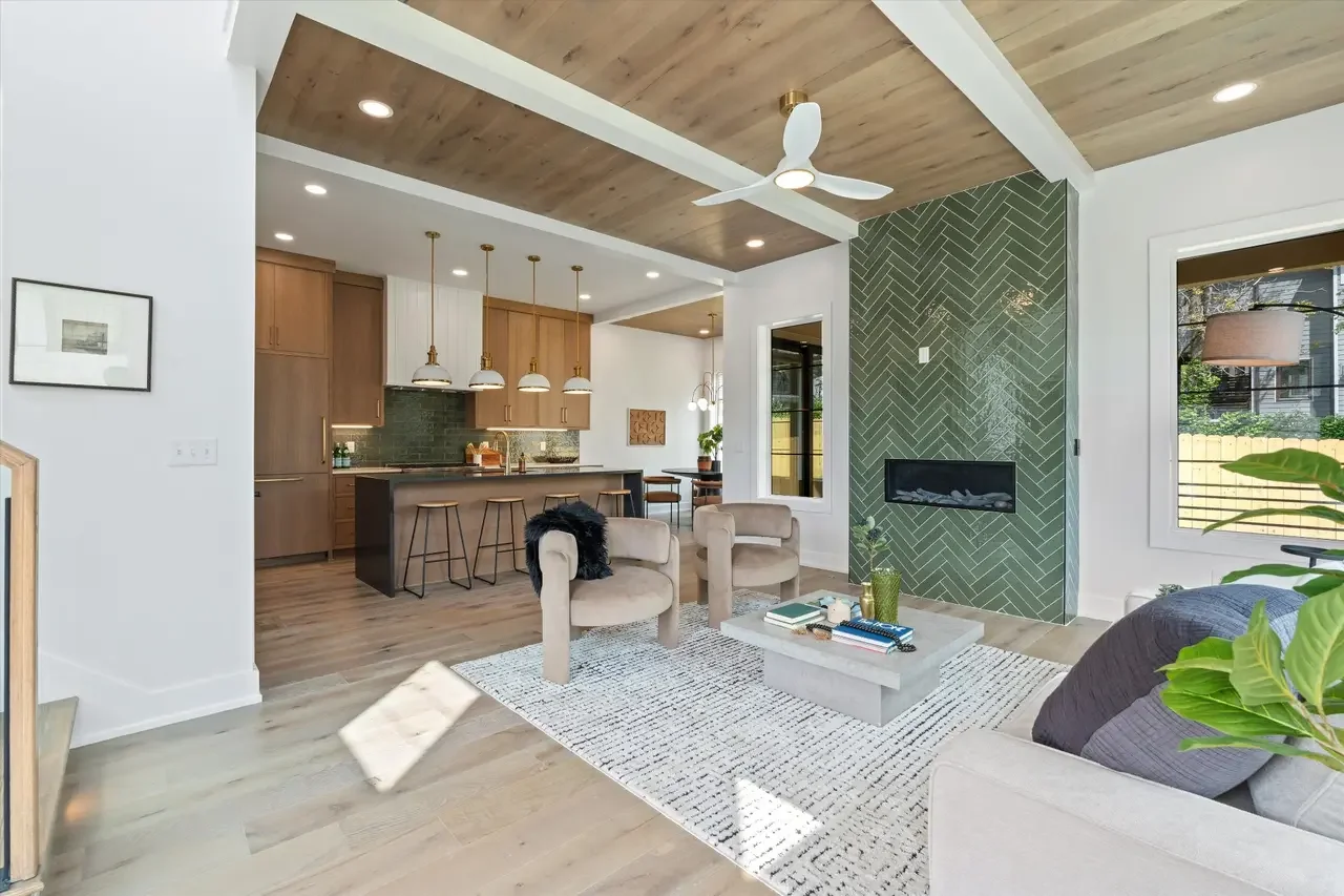 Living room finishes. Tile, flooring on ceiling and beams