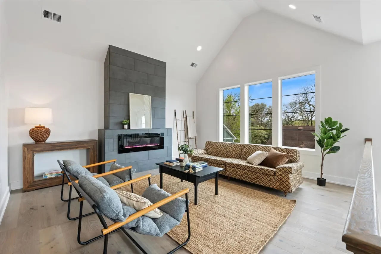 Bonus room vaulted ceilings tile fireplace