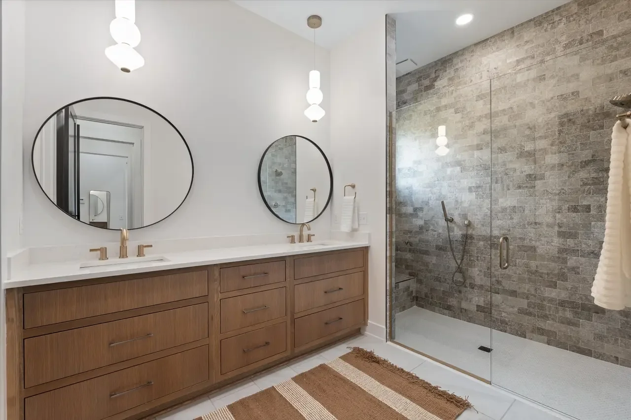 Primary bath tile shower, double vanity