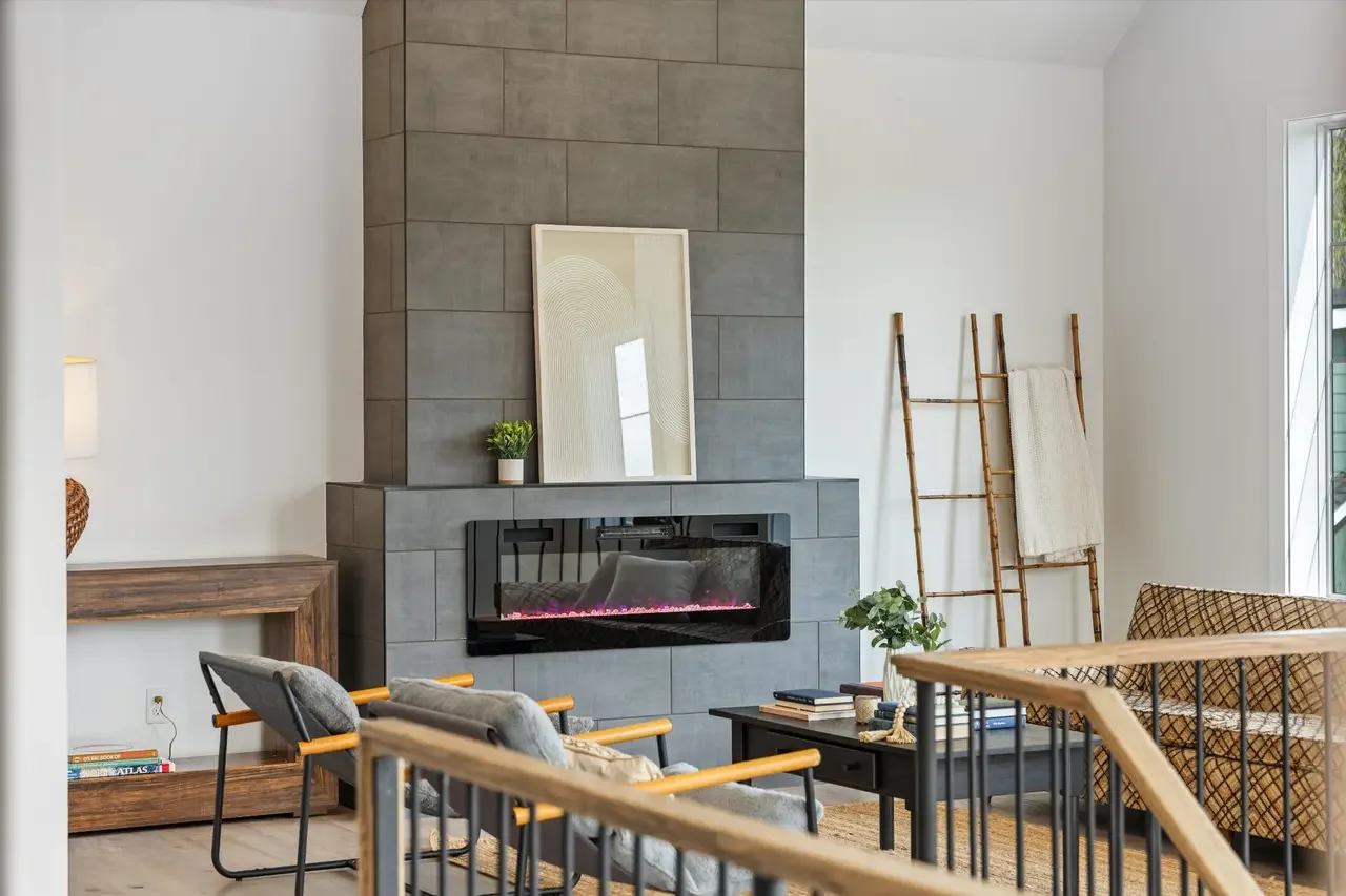 Bonus room tile fireplace 