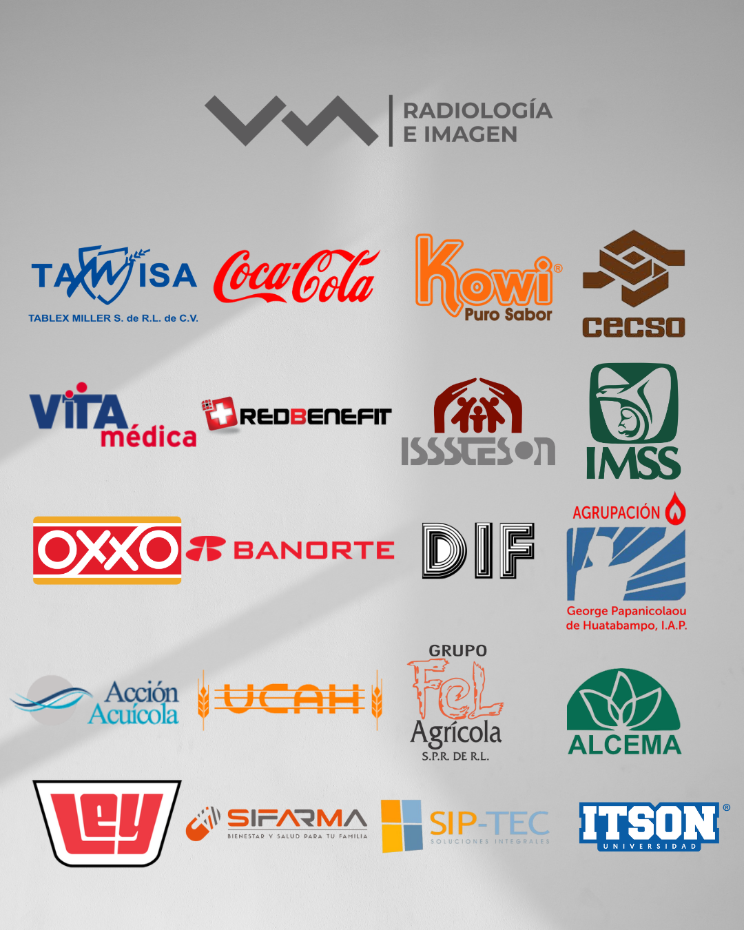 Logos de varias empresas y organizaciones relacionadas con radiología, medicina, beneficios sociales, productos, servicios y educación en un fondo gris con sombra.