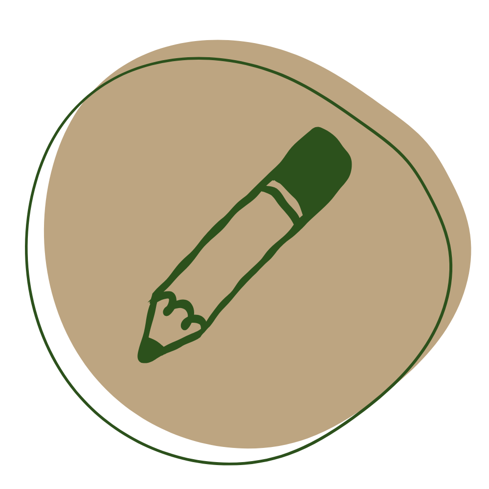 A rough drawing of a green pencil positioned diagonally on a beige, circular background.