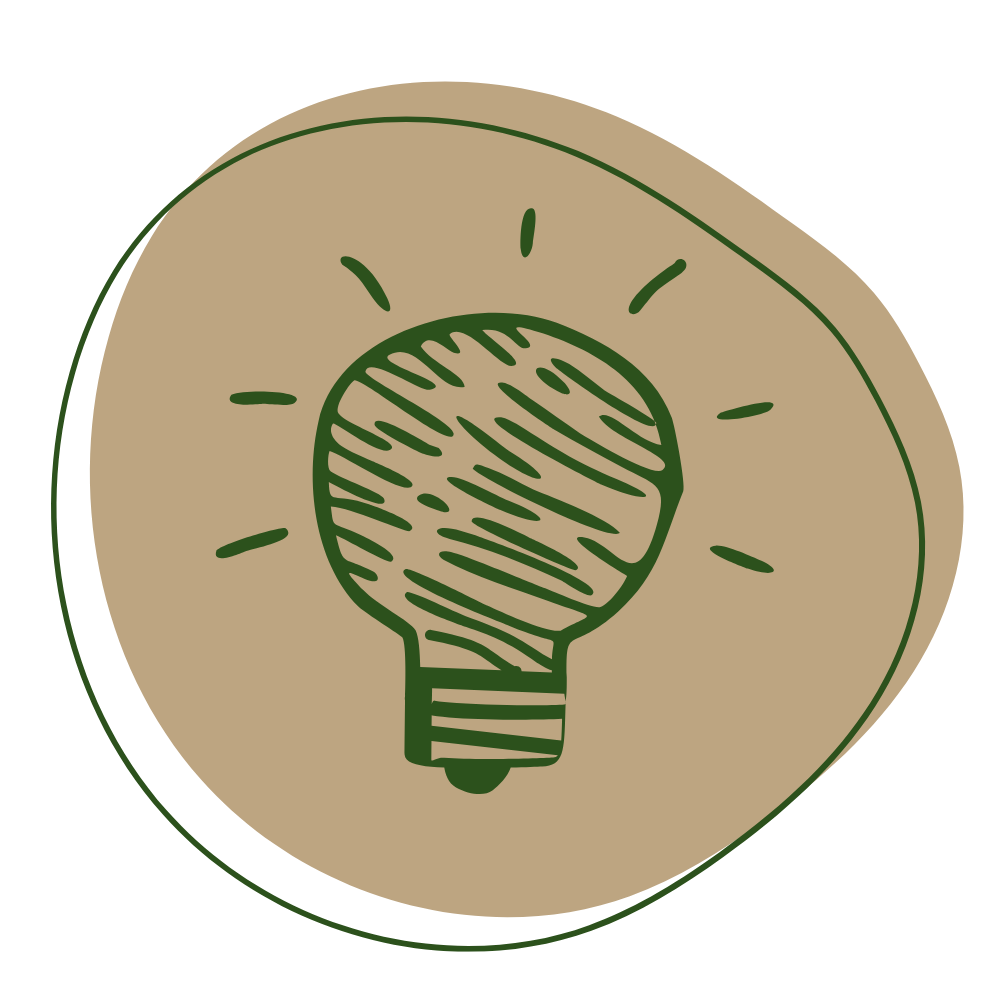 A simple illustration of a lightbulb with rays around it on a beige background.