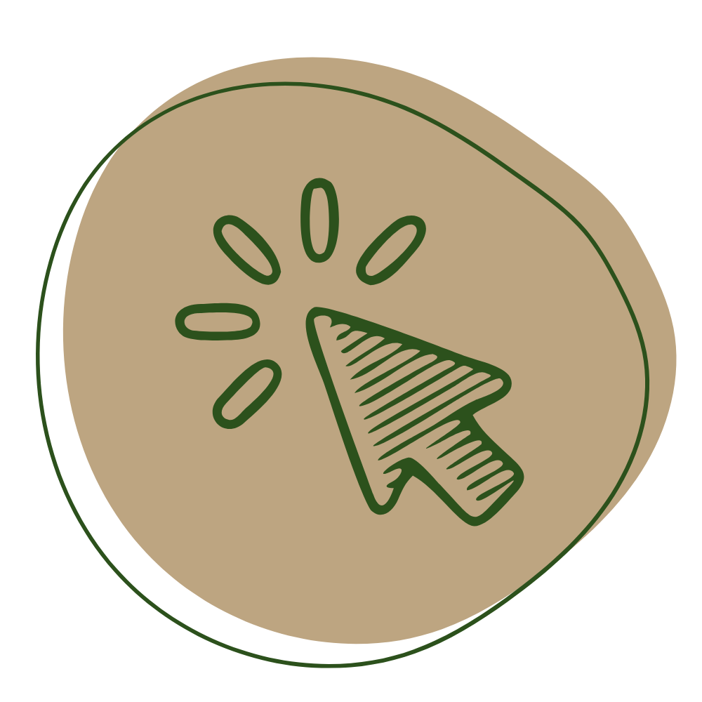 A graphic of a computer cursor clicking on a circular button with a beige background, outlined in dark green, with a clicking symbol.