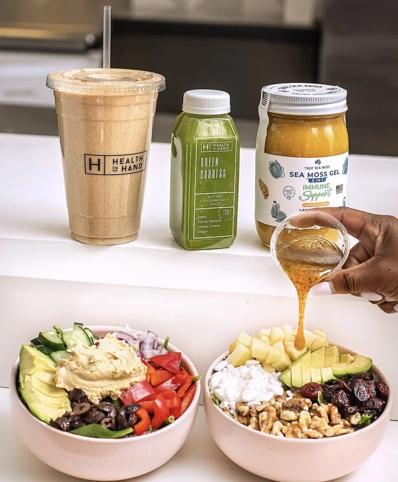 health in hand bowls and juice