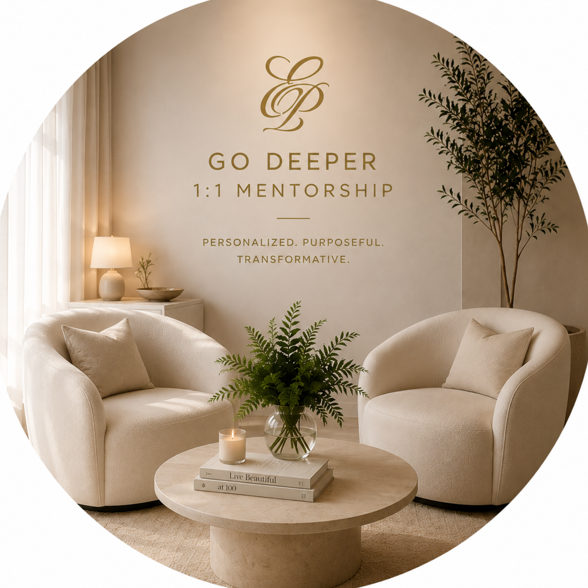 Decorative sign reading 'Go Deeper 1:1 Mentorship' with the words 'Personalized, Purposeful, Transformative' underneath, set in a cozy lounge with cream-colored armchairs, a round table with green plants, candles, and books, surrounded by soft lighting and neutral decor.