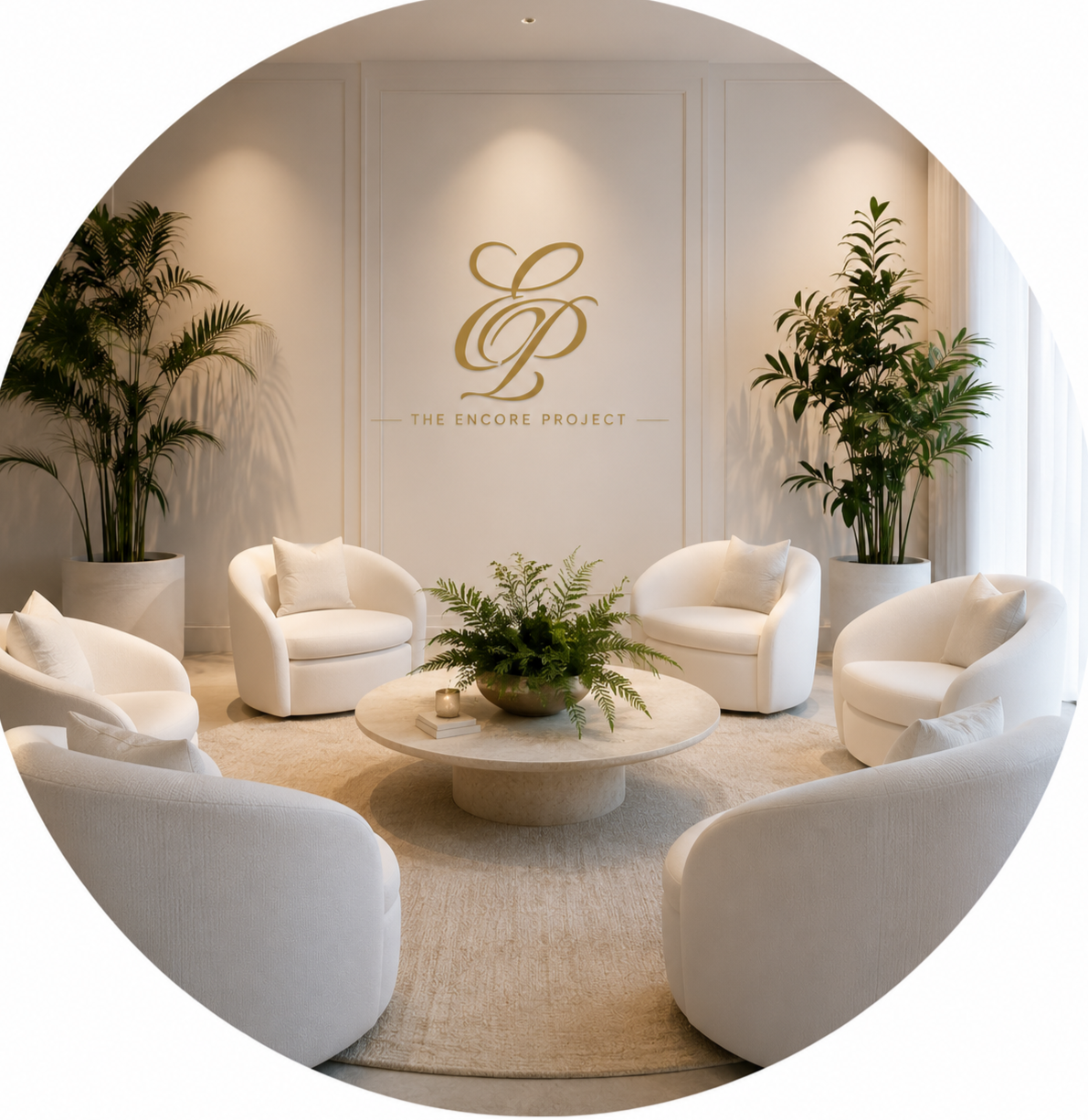 A modern, elegant waiting area with white armchairs, a round coffee table with a green plant, candles, and books, flanked by large potted plants and white curtains. A wall features a logo with the initials 'ELP' and the text 'The Encore Project' in gold.