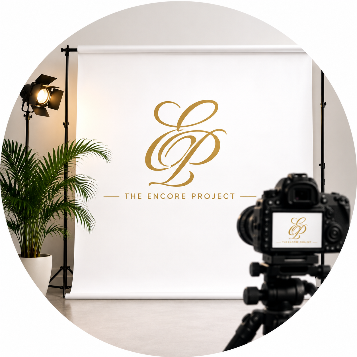 Photo of a photography setup with a white backdrop displaying the logo and text 'The Encore Project' in gold, a professional camera on a tripod, studio lights, and a potted plant.