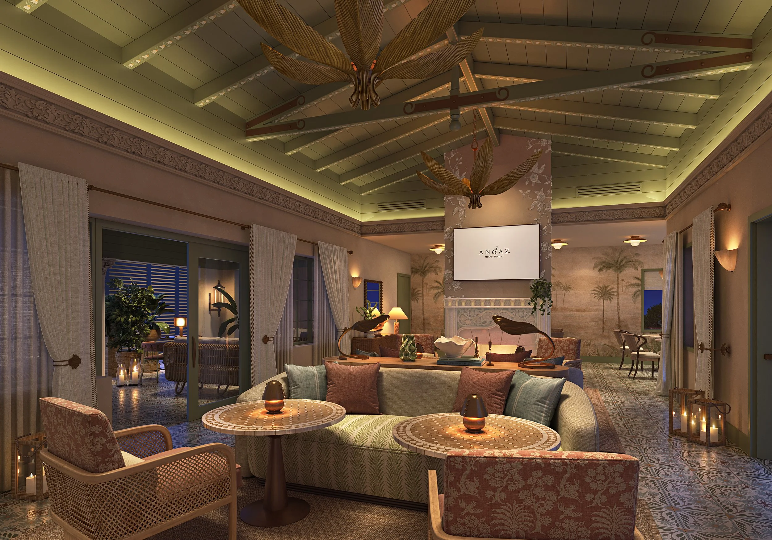Elegant hotel lounge with a high green ceiling, tropical decor accents, and soft ambient lighting, featuring comfortable seating, tables with candles, and a large screen displaying the store name 'ANAZ Miami Beach'.