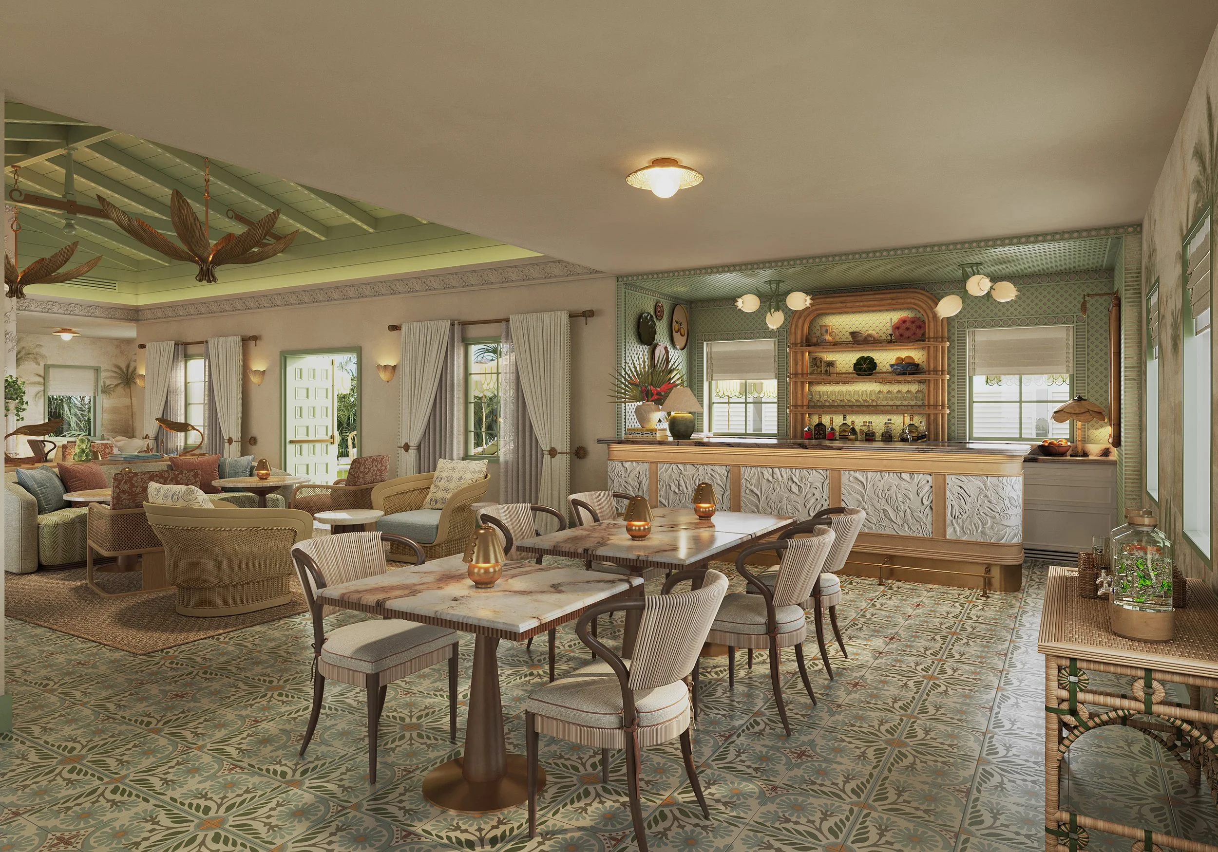 A cozy hotel lounge with a bar area, patterned floor tiles, and seating arrangements including armchairs and sofas. The room is decorated with plants, lamps, and curtains, with sunlight streaming through the windows.