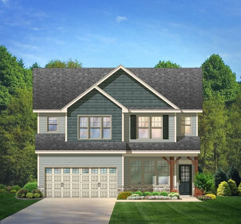 A two-story suburban house with blue and gray exterior, front porch, attached garage, surrounded by green lawn and trees.