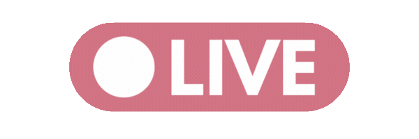 Pink background with a rounded rectangle containing the word 'LIVE' and a large white circle next to it.