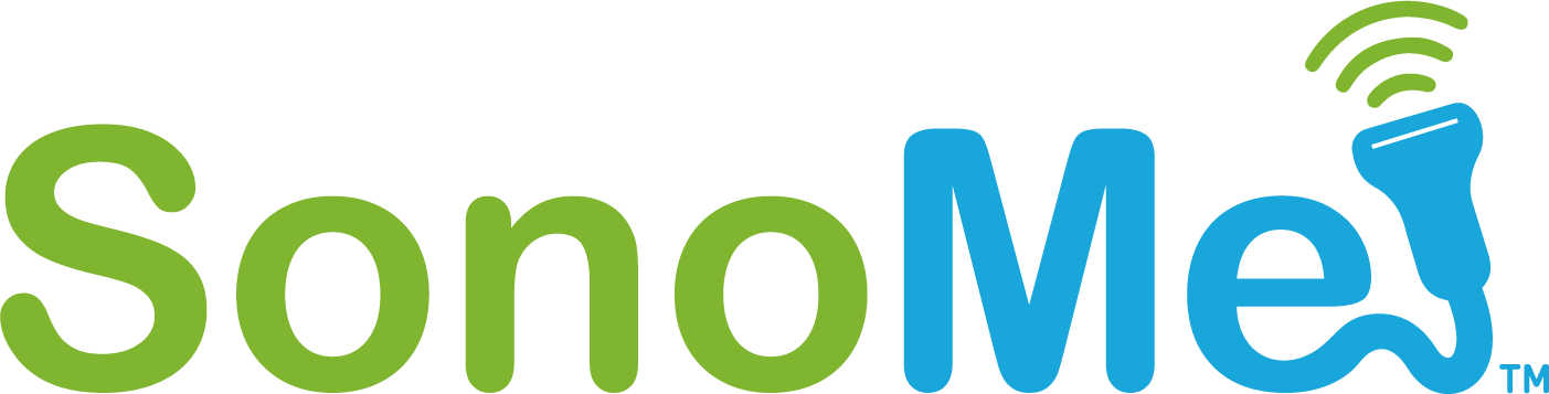 Trademarked SonoMe logo in horizontal format, with a ultrasound machine logomark to the right of the logotype