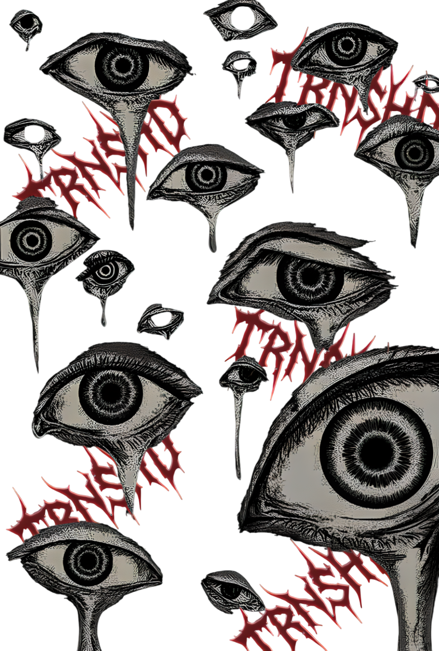 Multiple black and white illustrated eyes with detailed iris and eyelid, some with red text reading 'PARANOID' in a stylized font, scattered across the image.