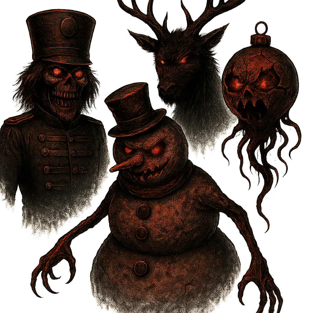 Dark horror illustration featuring a skeleton in a military uniform and a tall hat, a sinister snowman with a top hat and glowing eyes, a snarling wolf with glowing red eyes, and a floating, pumpkin-headed creature with tentacle-like appendages.