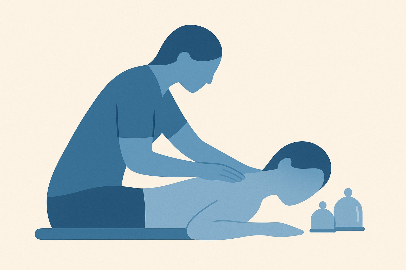 A person giving a massage to another person lying face down on a mat, with massage oils nearby.