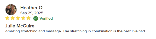 Screenshot of a Yelp review with five stars for Julie McGuire, praising her stretching and massage service.