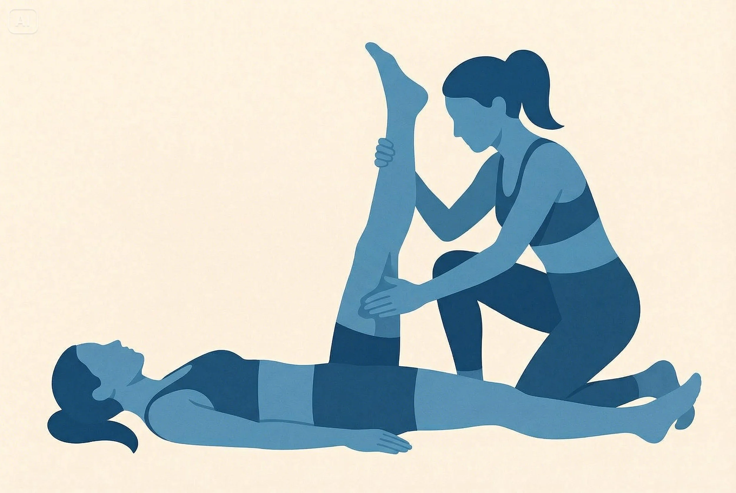 Illustration of a woman performing a stretch or exercise on another woman lying on the ground.