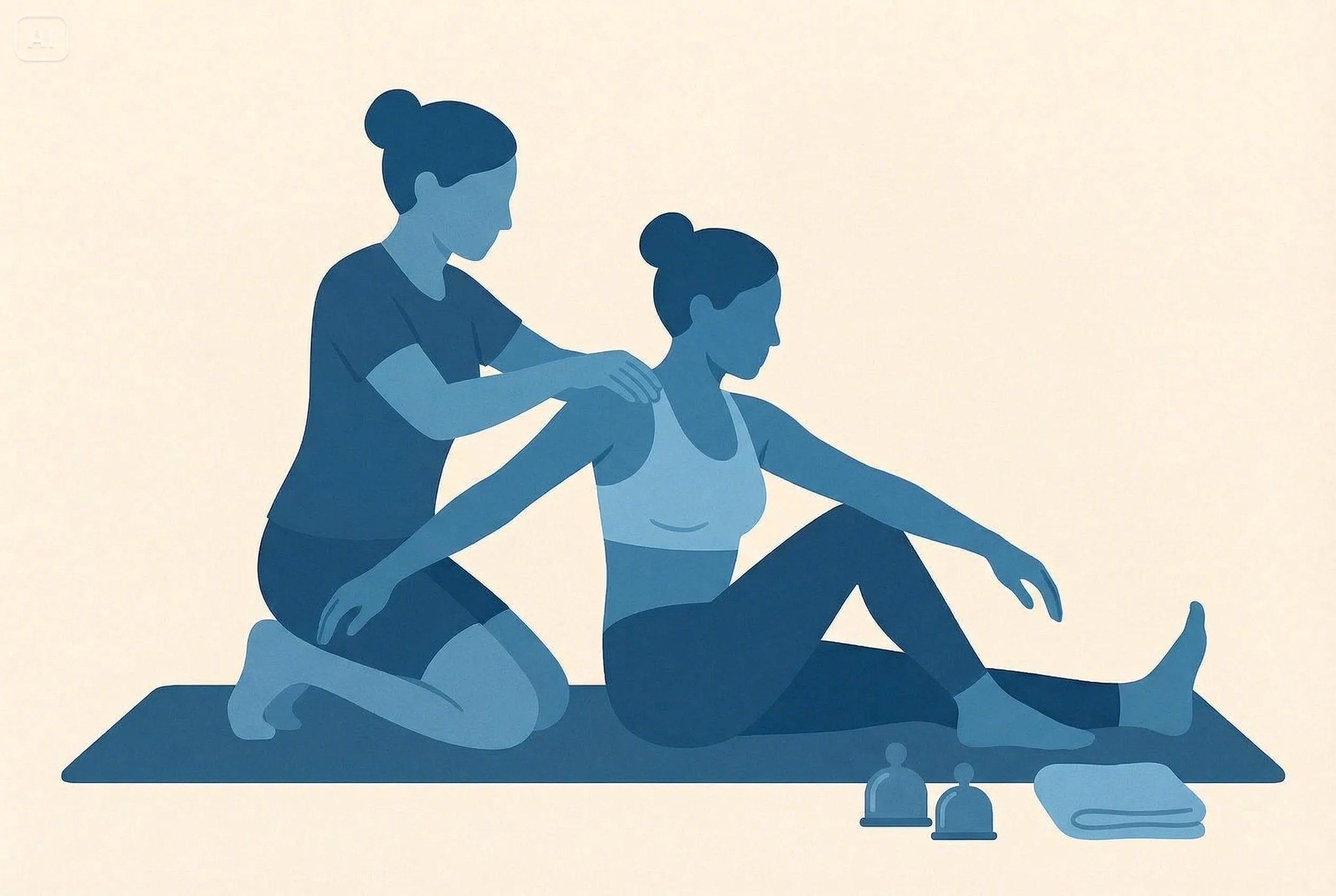 Illustration of a woman receiving a massage from a therapist on a yoga mat.