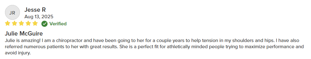 Online review with five-star rating for Julie McGuire, a chiropractor, praising her for helping with shoulder and hip tension.
