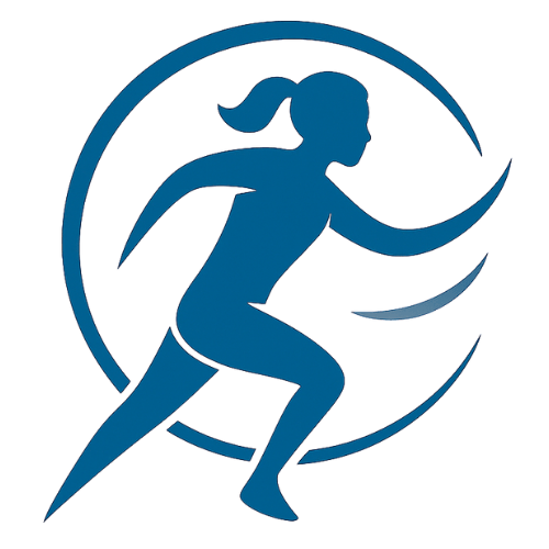 Silhouette of a female surfer riding a wave, with a circular background.