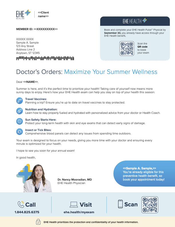 Healthcare appointment reminder letter from EHE Health with general health tips, contact info, and QR code for booking exams.