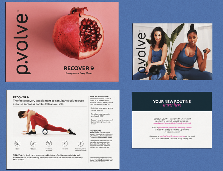 A collage of four fitness and wellness-related images: a pomegranate with the text 'P.volve' and 'Recover 9,' a woman with curly hair in workout clothing sitting beside a woman lifting dumbbells, a fitness supplement label 'Recover 9 Pomegranate Berry Flavor,' and a fitness routine schedule titled 'Your New Routine Starts Here' with instructions for building muscle recovery.