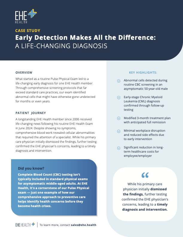 EHE Health case study poster titled 'Early Detection Makes All the Difference: A Life-Changing Diagnosis.' It features sections on overview, patient journey, key highlights, and a fun fact about blood tests. Includes the EHE Health logo in the top left corner and contact information at the bottom.