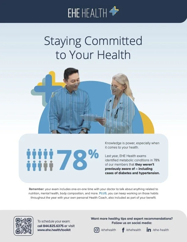 EHE Health flyer promoting health awareness and testing, featuring a doctor and patient engaging in discussion. Emphasizes importance of health exams, with 78% of members aware of metabolic conditions like diabetes and hypertension.