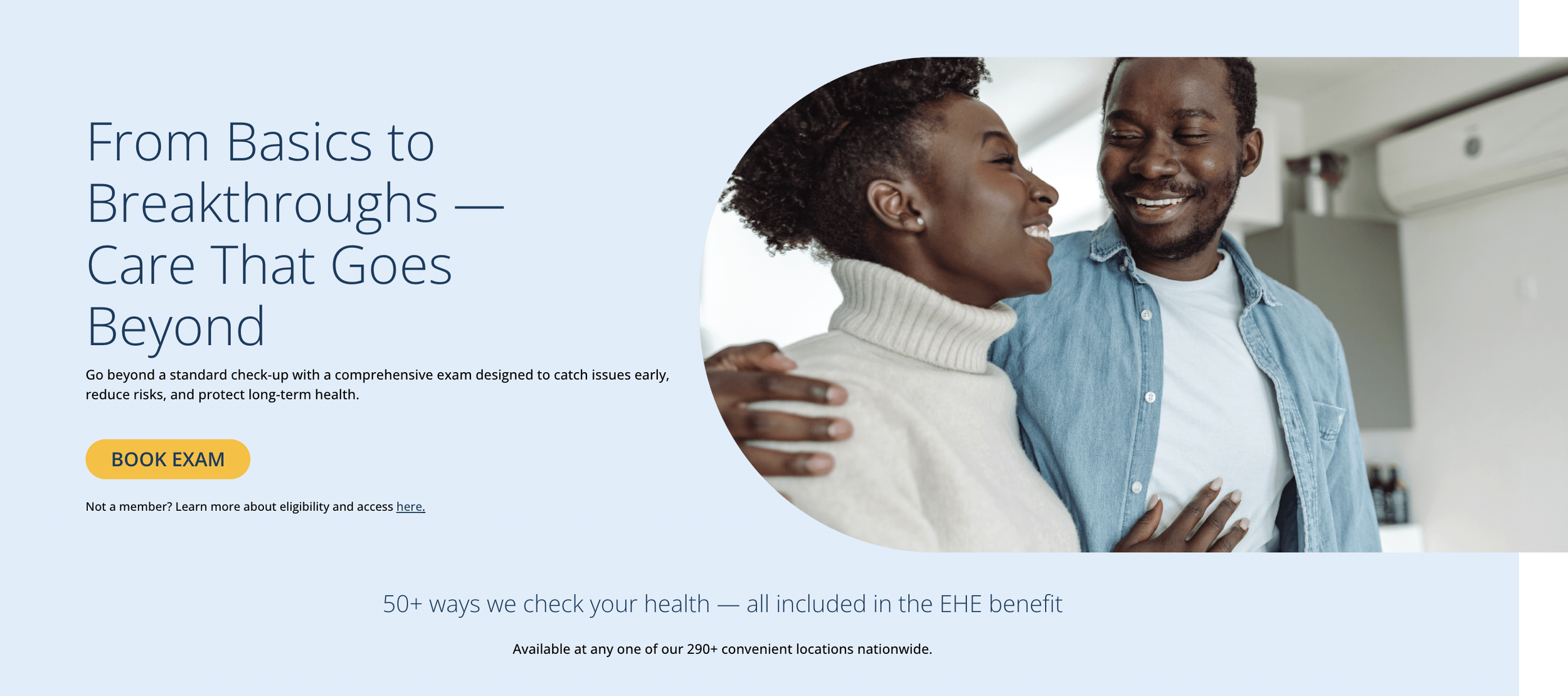 A smiling woman and man embracing each other indoors, with a light blue background and text promoting health check-ups, booking exams, and health services.