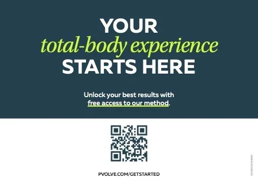 Text on a dark background that says 'Your total-body experience starts here. Unlock your best results with free access to our method.' There is also a QR code at the bottom.