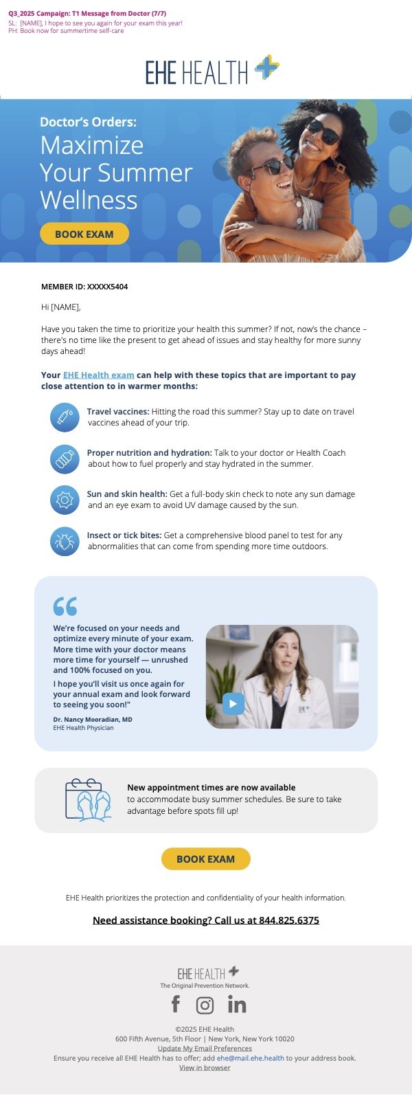 An advertisement from EHE Health promoting summer wellness exams featuring a smiling woman and girl enjoying outdoor sunlight, along with a healthcare professional speaking in a video.