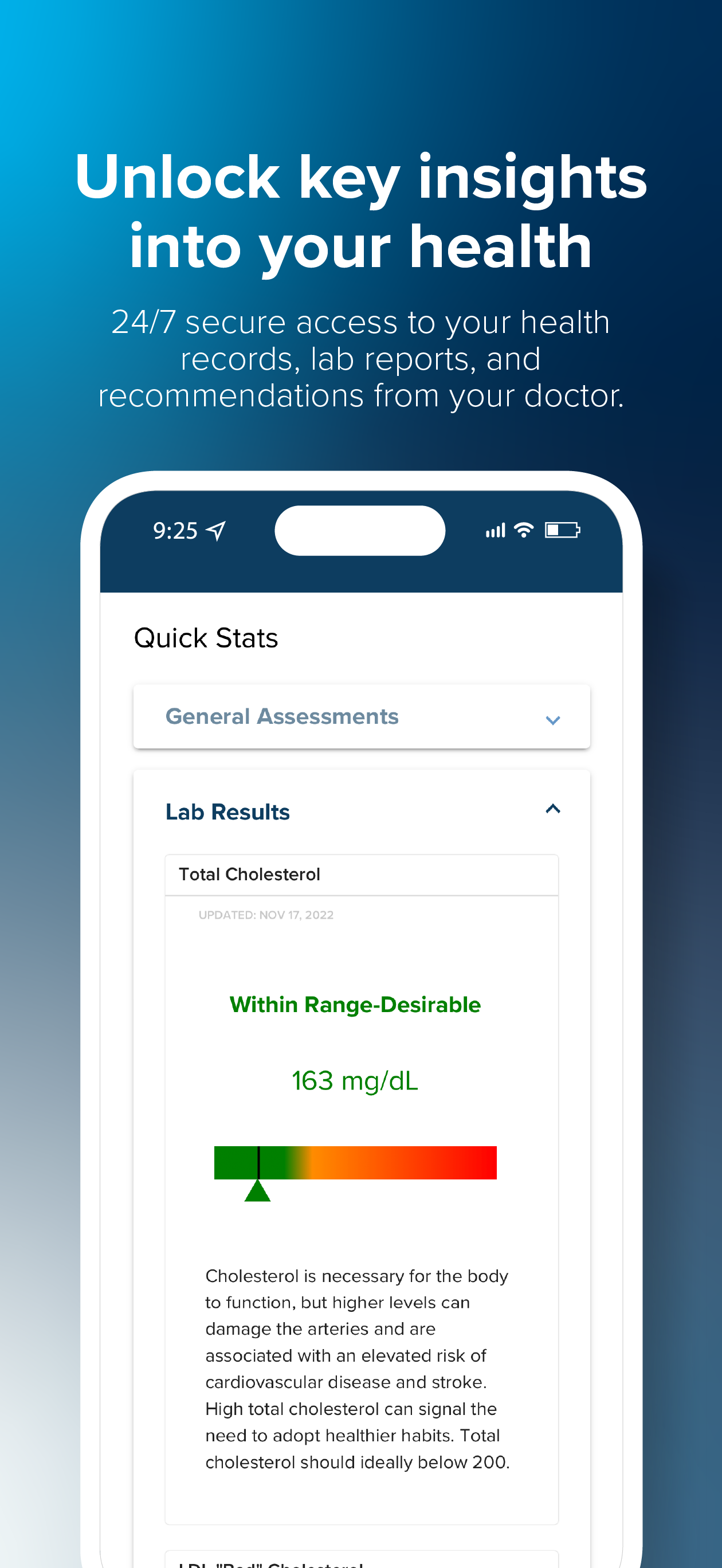 Smartphone screen showing a health app with lab results for total cholesterol at 163 mg/dL, labeled as within desirable range, with an explanatory message and color-coded range bar.