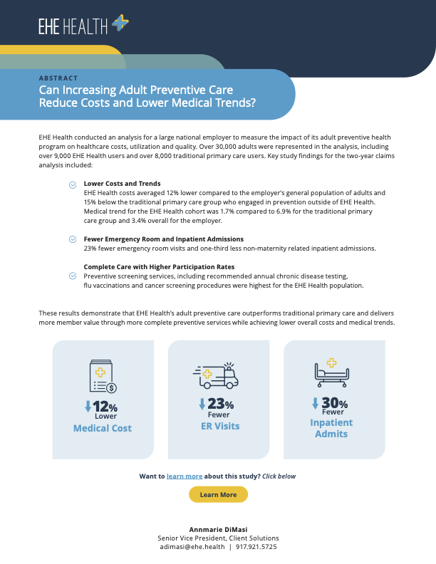 EHE Health information document discussing the impact of adult preventive care on reducing costs and hospital visits, featuring icons and statistics on lower medical costs, fewer ER visits, and reduced inpatient admits.