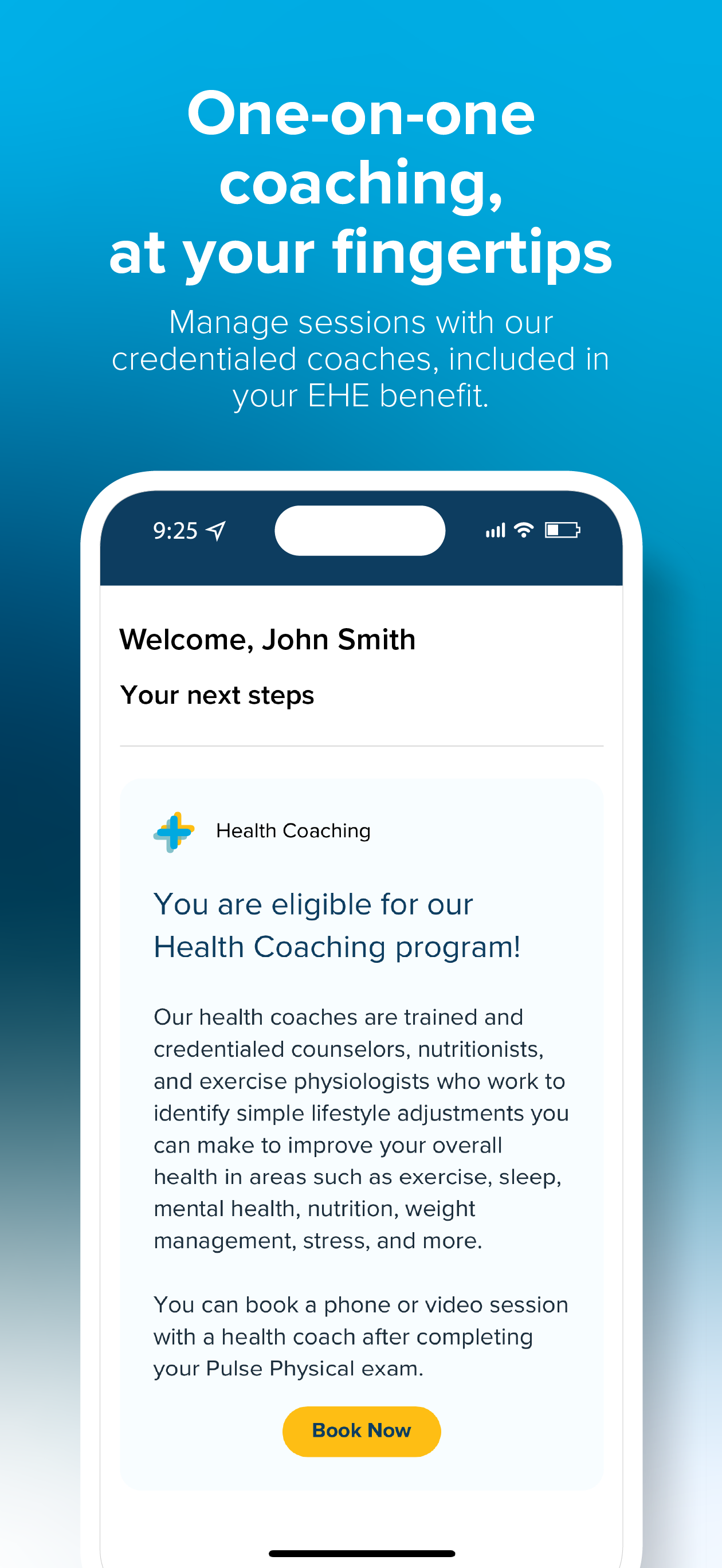 Mobile phone screen displaying a health coaching app with a welcome message, eligibility for health coaching, and a "Book Now" button.