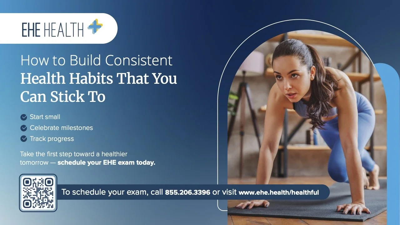 A woman in a blue workout outfit positioned in a yoga stance on a mat indoors, with a background of shelves and a tripod.