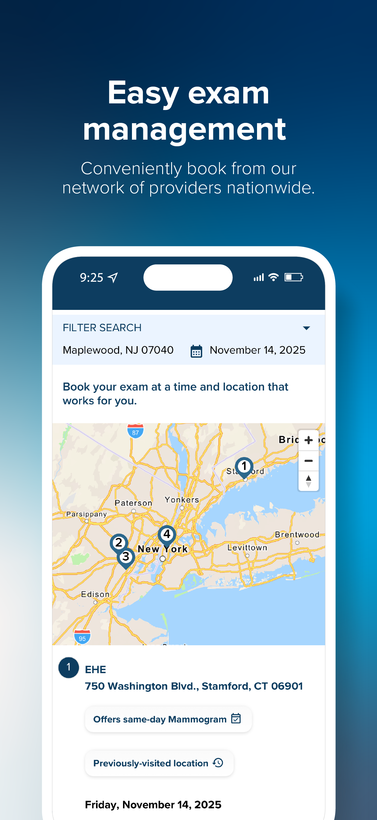 A mobile app interface for scheduling medical exams, showing a map of New York with location markers, and options for booking and managing appointments.