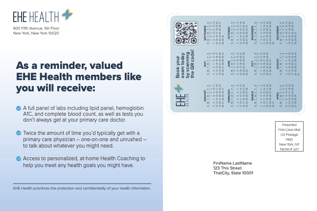 A flyer from EHE Health at 600 Fifth Avenue, New York, NY, promoting health benefits for members, including lab tests, blood count, and health coaching. It includes a QR code and calendar with health check reminders.