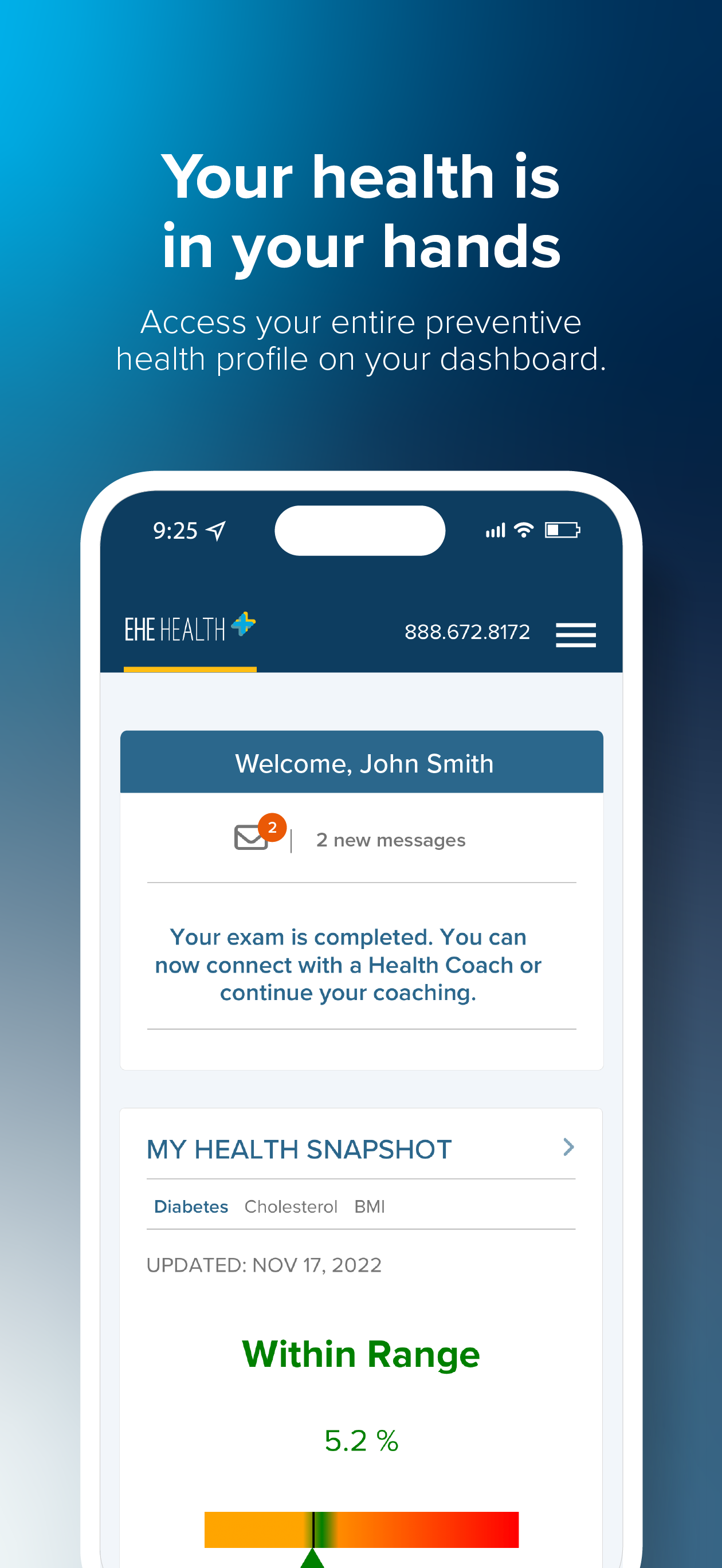Smartphone screen displaying a health app with a welcome message, message alert, and health snapshot showing within-range blood sugar levels.