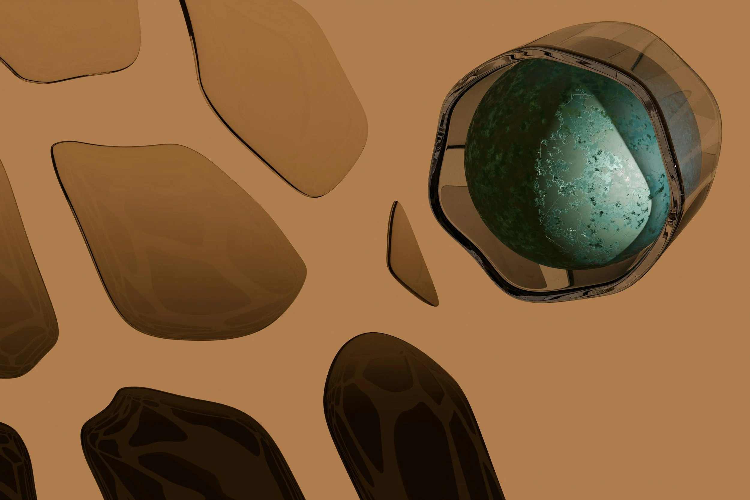 A close-up view of a virtual reality headset showing a digital landscape of a planet or moon with a greenish surface and cratered terrain, against a neutral background.