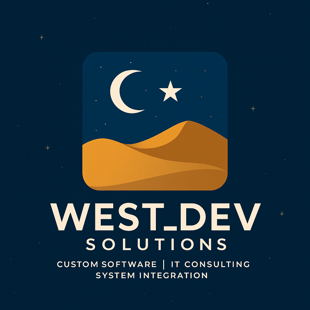Logo with a moon, star, and desert hills, with the text "West.Dev Solutions" and the services "Custom Software, IT Consulting, System Integration" against a dark starry background. IT solution company in tripoli, libya