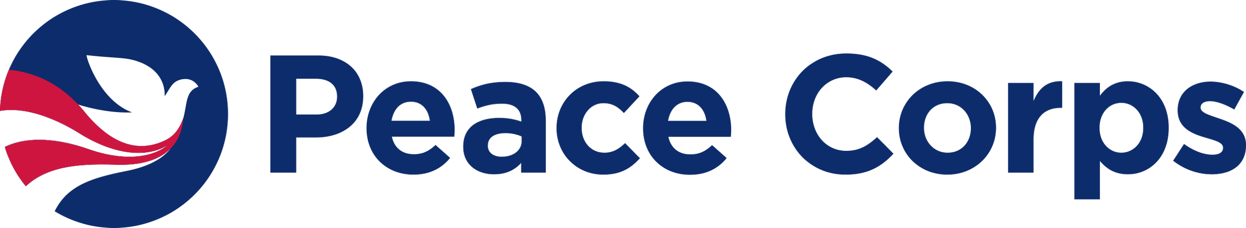 Peace Corps logo featuring a white dove with an olive branch, with red, white, and blue elements, and the words 'Peace Corps' in blue text.