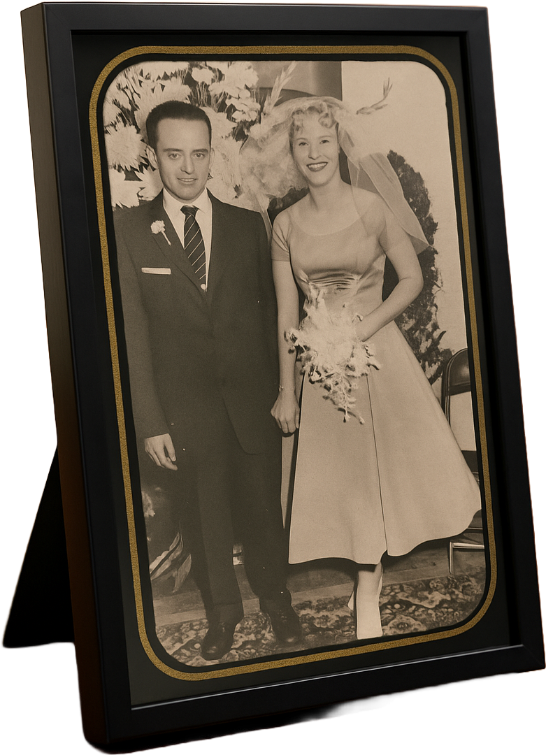 A framed black and white photograph of a man in a tuxedo and a woman in a vintage dress, standing together and smiling, with floral decorations in the background.
