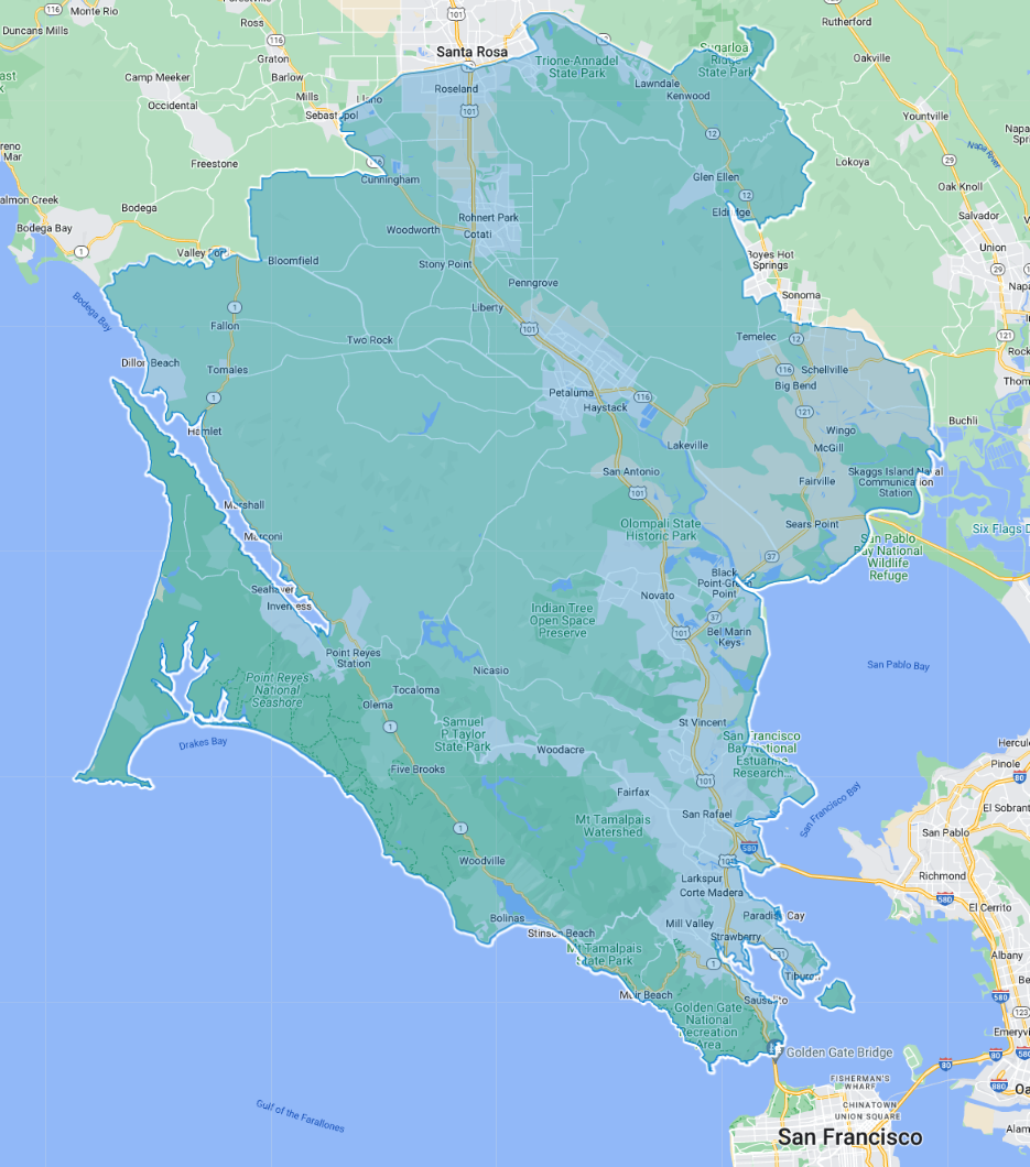 Map of San Francisco Bay Area, California, highlighting cities, parks, and natural landmarks.